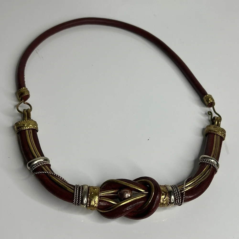 Brown Leather & Brass Semi Structured Necklace